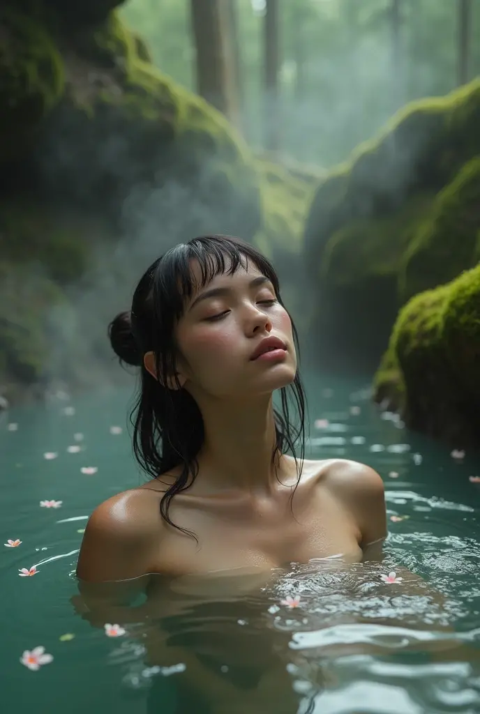 An ugly girl relaxes in a hot spring