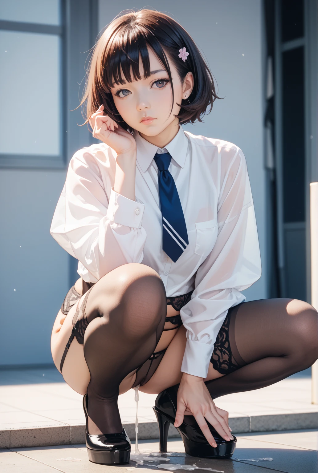 Kujikawa Def,Twin tails,school uniform,Seraph of the Black,Long sleeve,skirt,Knee socks,jewelry,Earrings,Straddle,
Highest quality, Very detailed, masterpiece, Absurd,8k, photoRealistic, Realistic,Detailed skin texture,Detailed pupil,High resolution,Natural light,
One girl,alone,(Happy:1.1),(smile:1.2),short hair,Brown Hair,(Angular face:1.2),Shining Face,Large Breasts, Tight waist, Lip Makeup,Wet shirt,Spread your legs,(I can see her panties:1.5)Bra is visible,