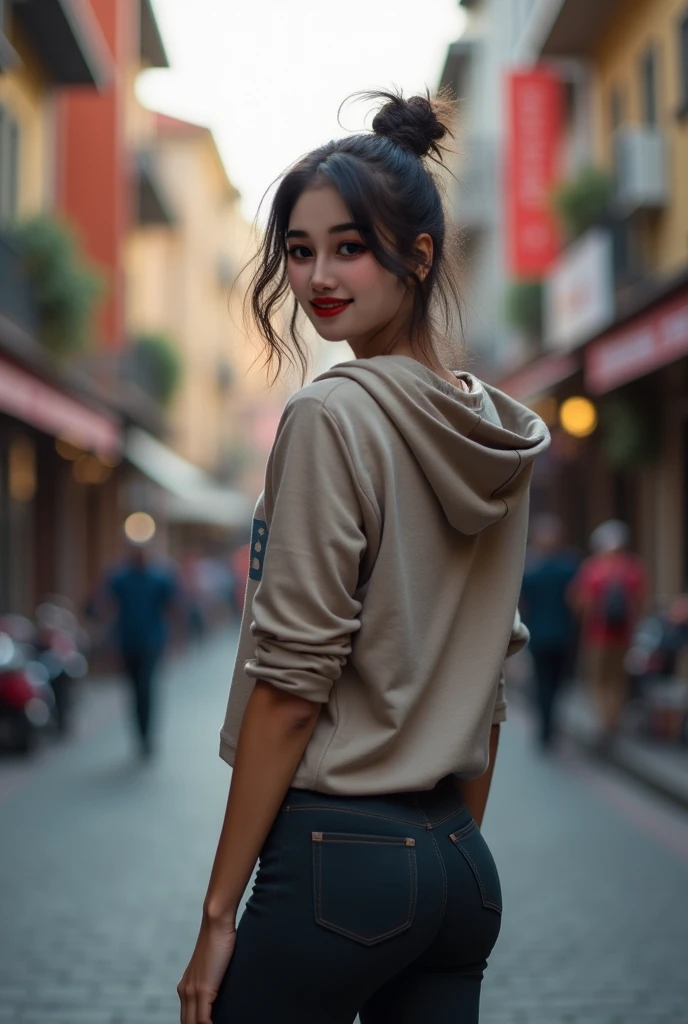 photo of a beautiful girl wearing a casual shirt with a hoodie and leggings, city street, messy medium hair, slim body, view from back, medium upper body shot, looking at the camera, cute smile, shallow depth of field