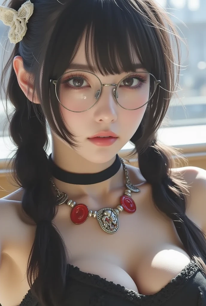 Fine、(The best illustrations)、8k UHD resolution、intricate-detail、top-quality、realisitic、ultra-detailliert、The best lighting、Best Shadows、Soft lighting、Ulutra HD、Ultra-realistic、Tindall Effect、Photorealsitic、(High Detail Skins:1.2)、 (Intricate details, makeup, pureerosface_v1:0.5), (Detailed beautiful delicate face, Detailed beautiful delicate eyes, A perfectly proportioned face, High detailed skin, Detailed skin, best ratio four finger and one thumb, arms below breasts, Tattoo with a red glow under the stomach、Awesome awesome, wide hips, smooth midriff, skiny and thin, __Fashion__, __hair__:1.25)、Digital SLR、 absurderes、(masutepiece: 1.3), (max resolution: 1.2), (Ultra HDTV: 1.2), cinematric light, Detailed eyes and skin, detailed facial features, , (Sharp Focus: 1.2), (Focus on Face:1.2),Perfect Style, Beautiful face, acurate, Anatomically correct, Highly detailed face and skin texture, Detailed eyes, Double eyelids, Thin eyebrows, Glitter Eyeliner: 1 Natural cheeks, Glossy skin, Fair skin: 1.2, (Glossy lips: 1.4),、 (Shy look: 1.2),Highly detailed facial and skin texture, Detailed eyes, Double eyelids, Natural cheeks, , shiny lips: 1.4,Exposed cleavage、1 beautiful devil woman from hell, Seductive Woman、Fantasy Art, Chinese Doll、Chinese actress、Dungeon、The dragon、Devil's Palace、Devil's Torture Chamber、natta、Dark style 、In the Dark、(Detailed spooky backgrounds:0.8), magia、 女の子1人、Evil Nun、Dark Necromancer、Succubus、Devil's Daughter、Umi Shinonome、Bat Wings,(((Demon Horns)))、 ((((Huge glasses, Otaku Glasses, thick glasses, Round glasses)))),(((Colossal tits)))、(Devil's Tail)、(red eyes glowing:1.6)、The eyes are very sharp and detailed, The eyes are very well made up, ((Red Eye:1.0)),intricate tattoos, demonic intricate tattoos, thigh tattoos, body tattoos, masterpiece、The most beautiful face、a baby face、Charming smile、plump beautiful red lips、Muscular seductive body、The enchanting body of the devil、devil style、Seductive Black Magic Costume、ratex、fishnet tights、The long-haired、Braids、Black hair、Ponytail distortion、, Ponytail with a bow tied at the back of the hair, Beautiful expression、Body Up、Large breasts emphasis、Bust, Super tight breasts, Breast augmentation surgery, The breasts are very big and round and round,Toned waist、Wide buttocks、 lowkey, cowboy lens, (Black Phoenix Dress: 1.0), devil crown, Red sparkling gemstone necklace、Jewelry Gwise, wearing black mesh socks,Wear light red、nffsw, nffsw, Meet beautiful girls, Look at the girl's body,