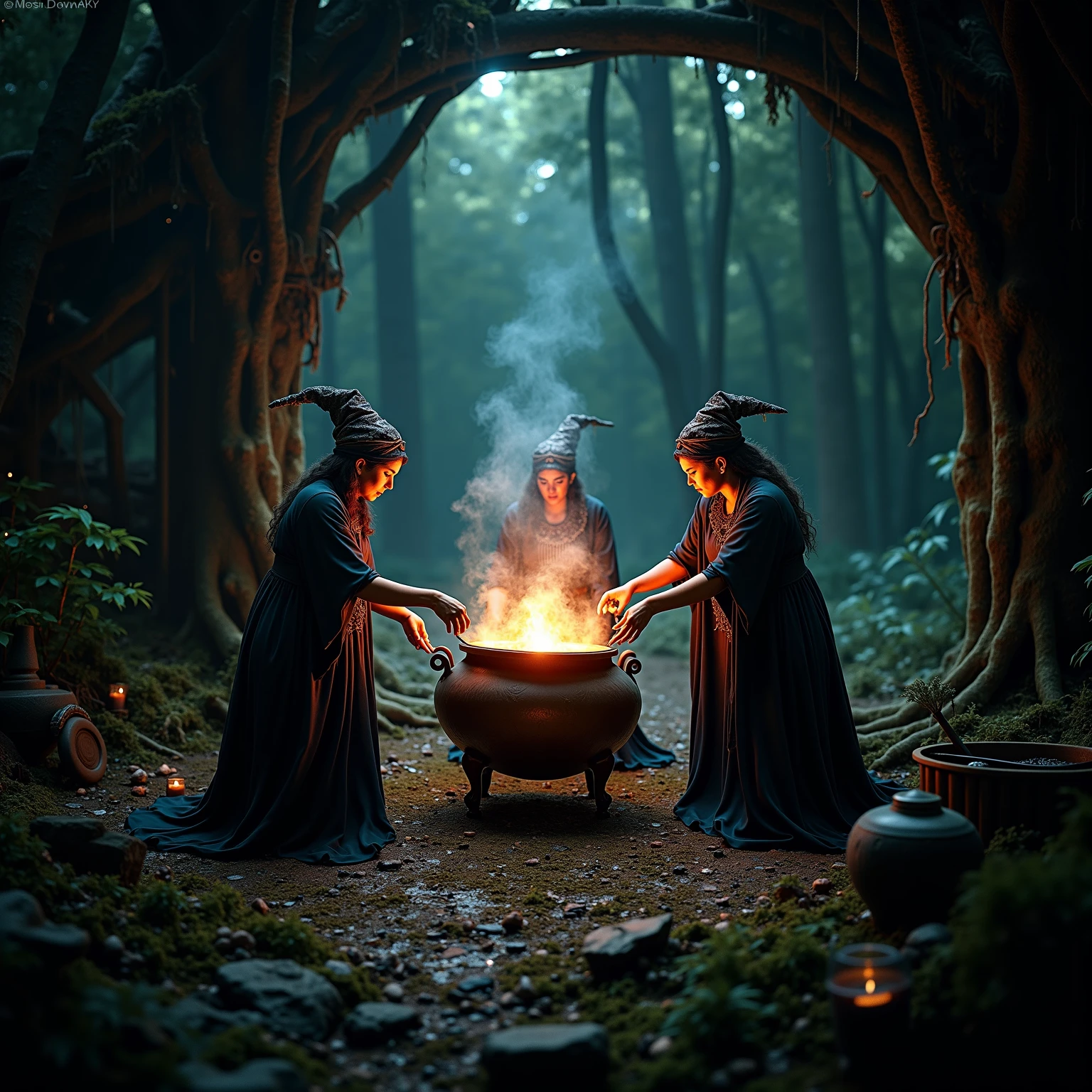 A mysterious witch as she summons souls that come out of the cauldron like smoky trails, their faces are screaming and flood the entire room