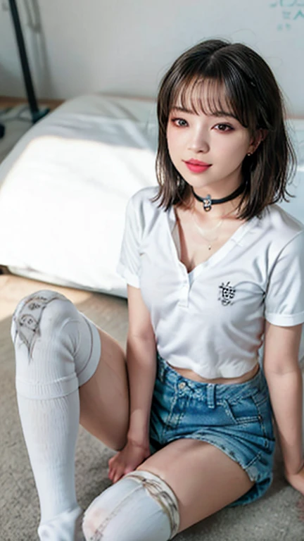 pastel colors camisole,midriff peek,Tight denim mini skirt,(open mouth:1.5),(tongue out:2),Kneeling,Standing Upright,Hands Behind Back,Collar with leash,front view,face focus,from above(1girl,Beautiful 14 year old girl,teenager),((Slender,Small breasts,Small face,)),(looking at viewer),Black Hair,bangs,one side up,Beautiful and detailed,(dim:1.5),White bed
