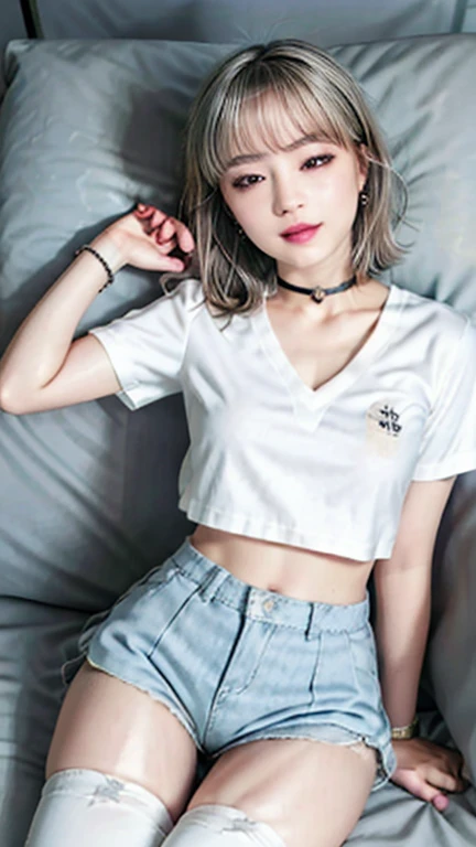 realistic, high resolution, 1 girl,Korean, beautiful eyes, tight T-shirt,white shorts, medium ?????, lively, belly button, delicate facial features,