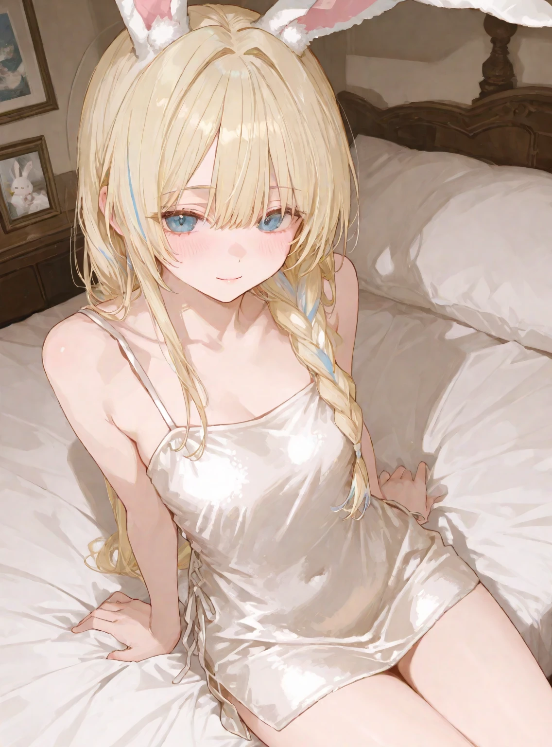 absurderes、​masterpiece、top-quality、realisitic、Hyper-detailing、(skin gloss)、(Angle from directly above)、nsfw, 1pure innocent lady, early teens, (look up at viewer with lovingly gaze:1.1), beautiful, ((((cute face:1,5)))),(flat breasts:1.5), Sweat,platium blonde hair, (bangs), side lock, long hair,Light Blue eyes,(skinny:1.2),black choker,dress shirt,a bed,PILLOWS,lying on bed,???