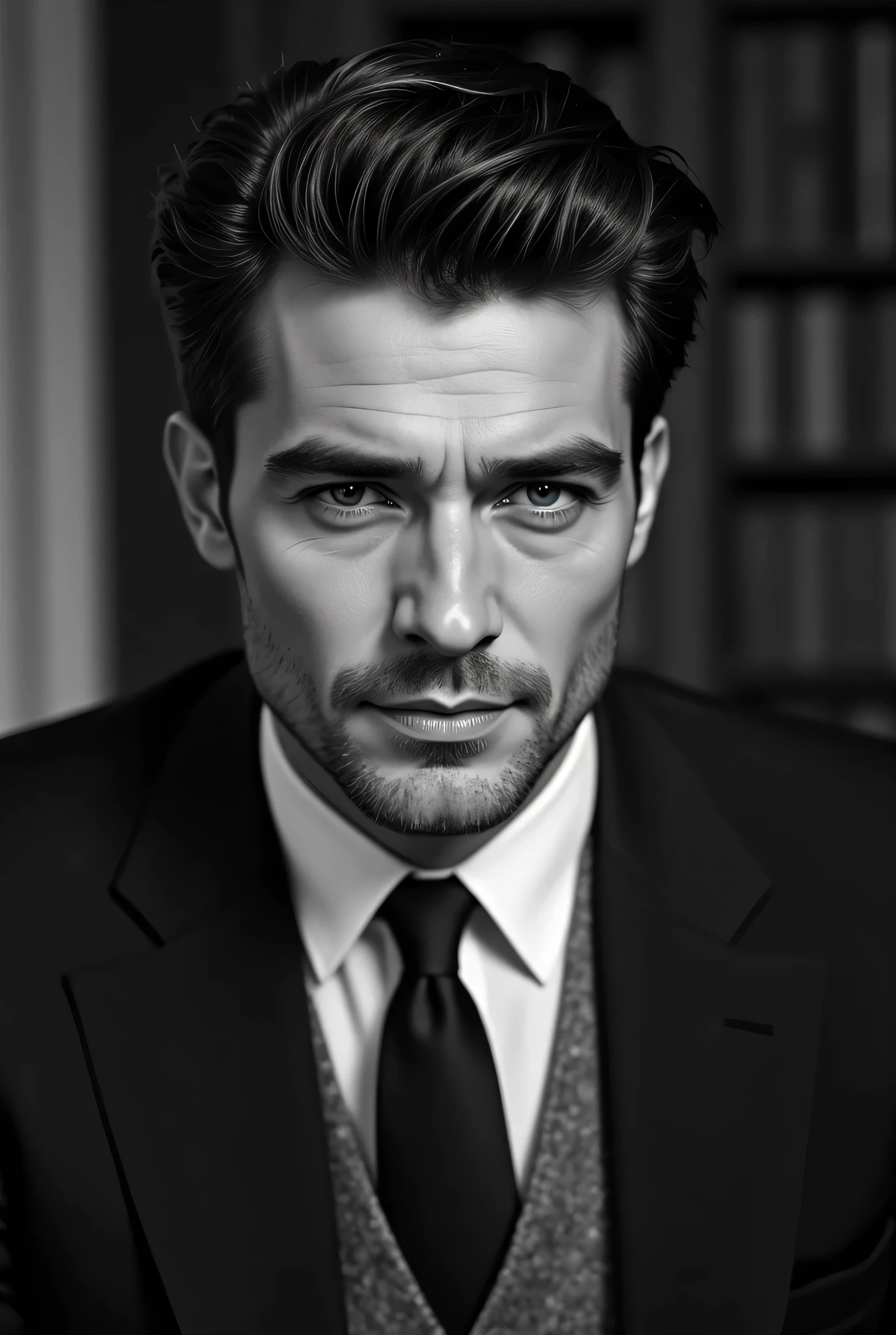 ((black and white filter)), Gregory Peck is a young male 25 years old actor who starred in the Roman Holiday film, short black hair, Gregory Peck portrait photo of a young actor: (Gregory Peck is in the black and white Roman Holiday film), hotel room, Award - winning photograph, Masterpiece, 8k, ultra high res, hyper detailed, perfect flawless face, rule of thirds, Realistic Perfect eyes and pupils, Perfect full lips, Round chin, highly detailed shining hair, ((detailed facial featureinely detailed skin), realistic skin texture, intricate details, photorealism, hyperrealism, ultra realistic, lifelike textures, cinematic lighting, dramatic lighting, backlight on hair, sharp focus, wide angle, film grain, Movie Poster Hairy,Hairy, (silver short hair:1.5),(body hair:1.5),(open clothes reveal furry breasts), topless,(color: Young Handsome ,Muscle Development, 【8k,Best Quality,masterpiece。Extremely realistic beautiful , highly detailed skin, actual skin details, Visible pores, Clarify the focus, , 8K Ultra HD, DSLR , high quality , Film Grain, , actual ,((((handsome man:1.4)))(photorealistic), masterpiece: 1.5, beautiful lighting, best quality, A highly detailed oil-painted portrait of a distinguished gentleman (Mortimer Goth) from the late 19th to early 20th century. He has slicked-, a neatly trimmed mustache, and open black suit jacket over a open grey vest, complemented by a crisp white dress shirt and a dark tie. His expression is stern yet refined, with deep, thoughtful eyes that exude intelligence and old-money aristocracy. The background features a dimly lit, luxurious study adorned with dark wooden bookshelves, an ornate fireplace, and a grand vintage armchair. The painting exhibits rich textures, visible brushstrokes, and a slightly aged canvas feel, reminiscent of classic European portraiture, evoking the works of John Singer Sargent or Thomas Gainsborough. Dramatic lighting highlights the contours of his face, enhancing his dignified presence. gq, maxim,