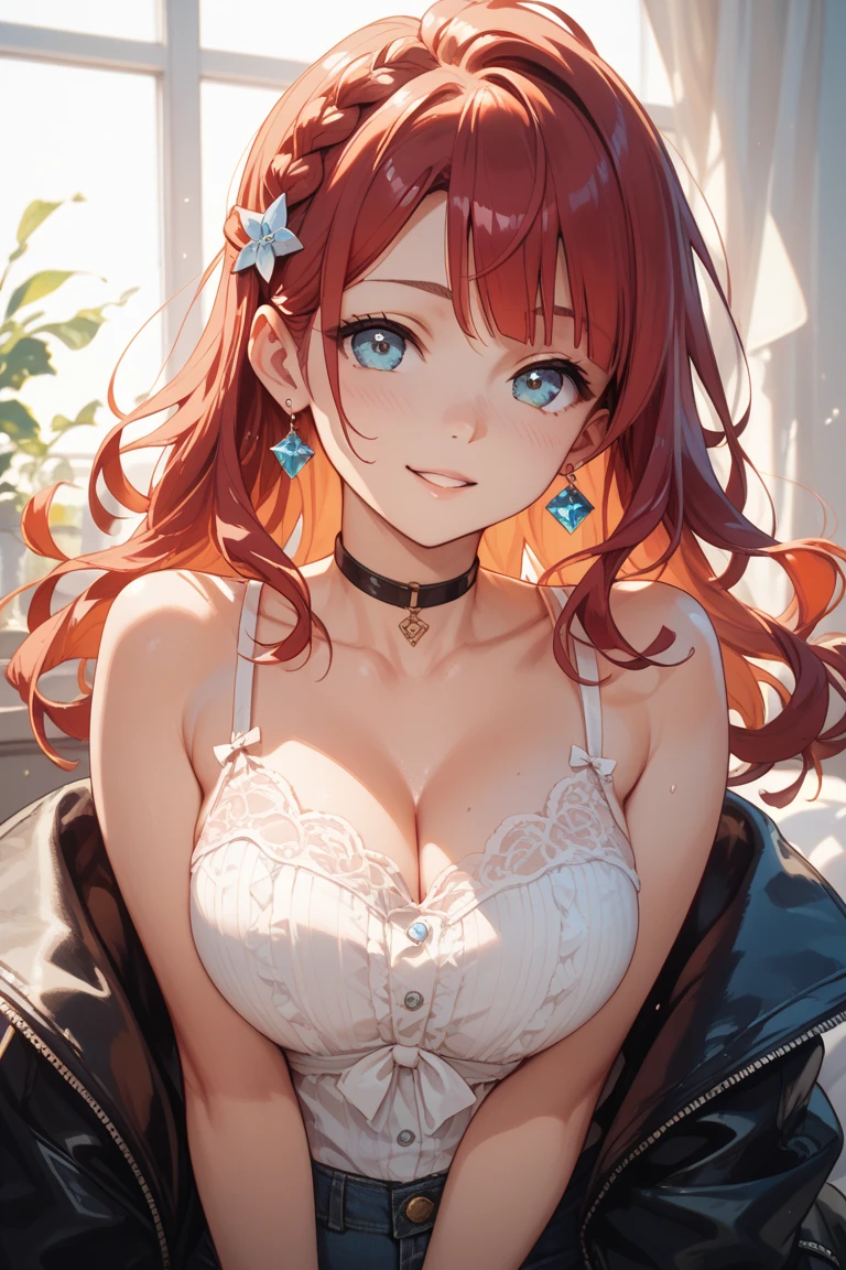 (8k, RAW photo, 最high quality, masterpiece:1.2), High-definition RAW color photo, professional photography, concept art, (((One Young Woman))), (be familiar with), (small face), (high detail skin:1.2), clavicle, cute face, beautiful appearance, beautiful eyelashes, (Red hair, blue colored eyes, long hair), (beautiful breasts), (slim body shape:1.4), Highly be familiar with face and skin texture, fine eyes, double eyelid, ((Cat earカチューシャをした女性:1.2)), POP and cute room, bright lighting, (soft atmosphere:1.5), (A bursting smile, open your mouth and smile:1.2), deep shadows and highlights, ((Bikini made of white fluffy fur:1.5, sexy white cat costume)), romantic, in the bedroom, Cat ear, Bold actions, beautiful skin, shiny skin, (((perfect fingers, five fingers, anatomically correct))), background bokeh, high quality, bright colors, ((award winning photography, Realistic light and shadow with attention to detail)), Immersive 3D rendering, Professional 3D artistry,