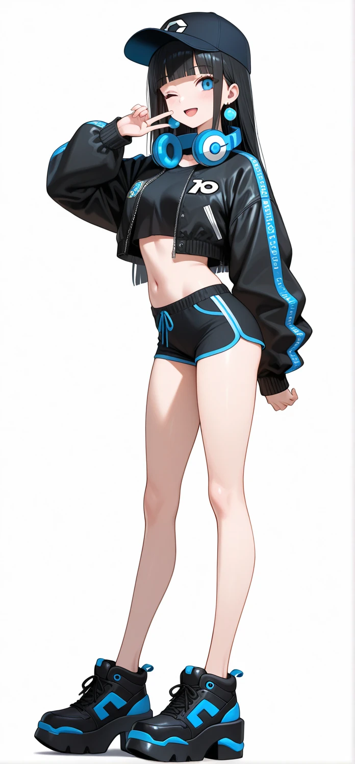1boy,androgynous, bodybuilding, dark blue messy hair, wide extremely vibrant blue eyes, hd, masterpiece, vibrant, red high heels, slim dark blue hoodie, slim fit blue super shorts, full body view, warm smile, black stockings, male bulge, bulge