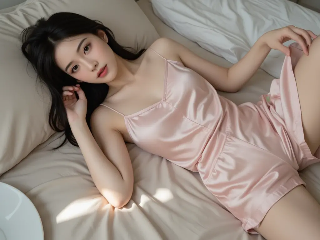 masterpiece, 1 woman per 1photo, upper body shot, directly front view, composition looking subject down from above, a Japanese young pretty woman, hyper pretty face, 18 years old, sweaty body, glossy lips, open mouth, glamorous figure, closing eyes, wearing a shiny satin pink pajama top, wearing a shiny satin white string panty, lying on on the bed, her head on a silk pillow, silk bed sheets, double eyelids in both eyes, natural makeup, long eyelashes, shiny smooth light brown hair of medium length, asymmetrical bangs, tanned skin, head in the frame, central image, 8K resolution, high detail, detailed hairstyle, Detailed Face, spectacular cinematic lighting, octane rendering, vibrant, hyper realistic, perfect limbs, perfect anatomy