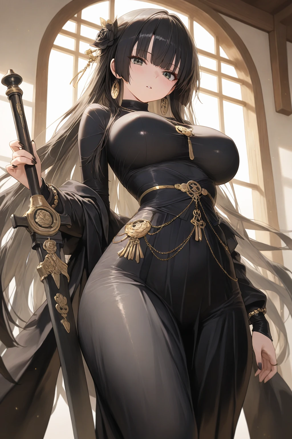 masterpiece, best quality, detailed clothes,1girl, green eyes, black hair, solo, long hair, ponytail, bangs, large breasts, black and gold standard low cut, v-cut dress with skirt, fighting, holding broadsword/greatsword