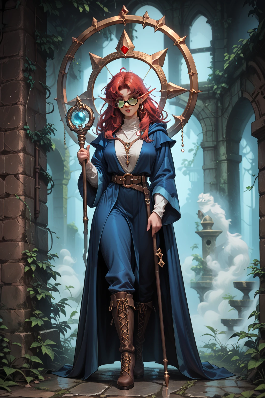 fantasy world, dnd art female, dwarf, (Masterpiece 1.5, intense details), red haired, slightly pointred ears, braided hair,(Masterpiece, intense details),cleric, templar, casting a spell (Masterpiece, intense details dnd art) ,wearing white plate mail armor with sigils (Masterpiece, intense details). Carrying a flaming axe (Masterpiece 1.5, intense details),Wearing a blue cloak with sigils (Masterpiece 1.4, intense details), holy symbol, radiant yellow light,(Masterpiece, intense details) standing near fantasy setting temple at dawn, sun, backligt, (Masterpiece, intense details) glowing light, ray tracing, reflection light, silhouette, wide shot, panorama, Ultra-Wide Angle, award winning, best quality, HD, 4K, high details