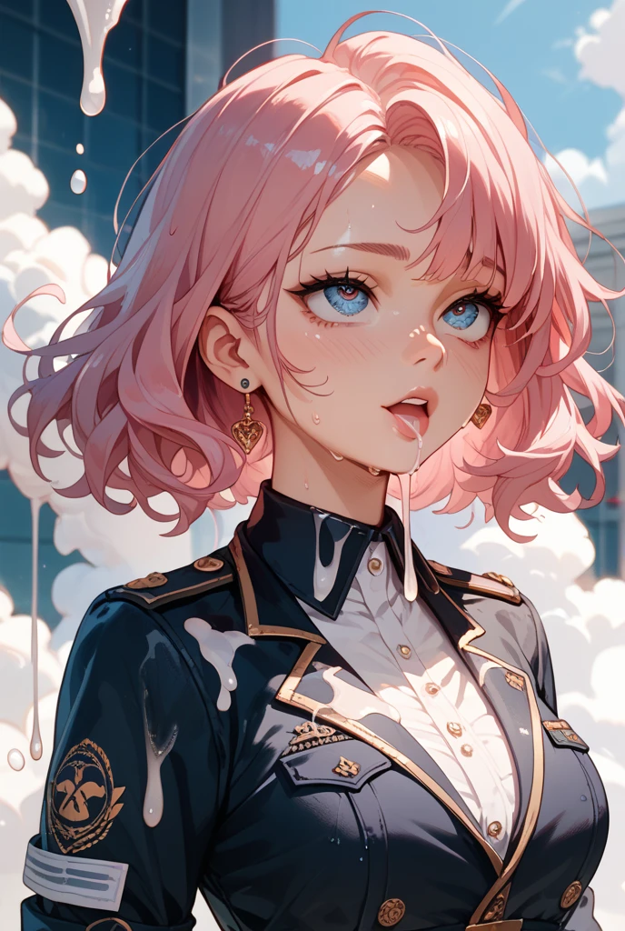 1girls, Single person， (Masterpiece:1.1), (Best quality:1.1),  Break [blue:Pink:0.5] theme, Cowboy shot,Cinematic light， upperl body，Positive perspective，Pink long single ponytail，exquisite facial features，The Perfect Hand，Amber eyes, white hairband，(Black military top:1.2)，White epaulettes，(Black pleated skirt:1.2)，Black boots，Pink over-the-knee socks，standup，beckon，Castle background