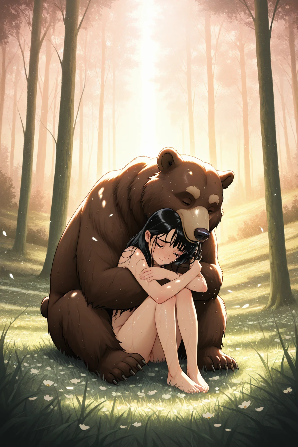 A teenager with glasses leans against two furry muscular men in ordinary clothes, a brown bear and a polar bear in an anime sex style apartment