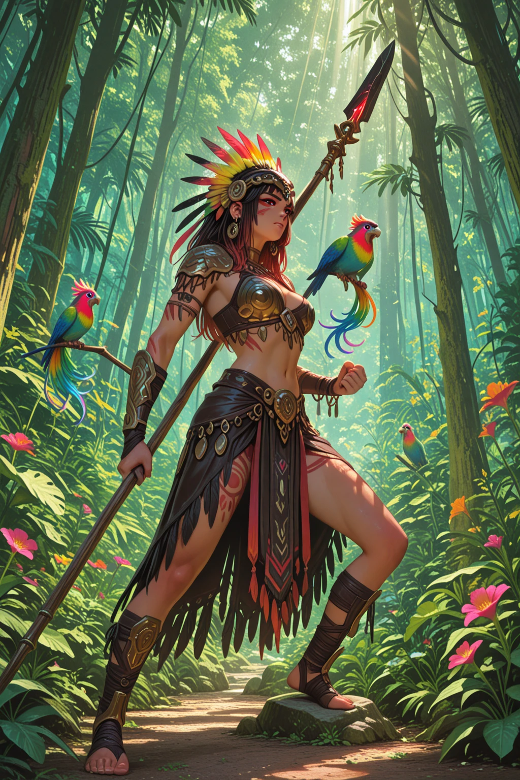 realista, uma pintura de uma mulher com um arco e flecha em uma floresta, forest hunter lady, Artista Marcial Dryad, Arqueiro florestal feminino, amazon warrior, trading card fond, greek amazon warrior, Rainha da Selva, collectible card art, mulher das cavernas, muscular female druid, Goddess of the hunt, Deusa da Floresta, arte completa, lindo guarda florestal da selva