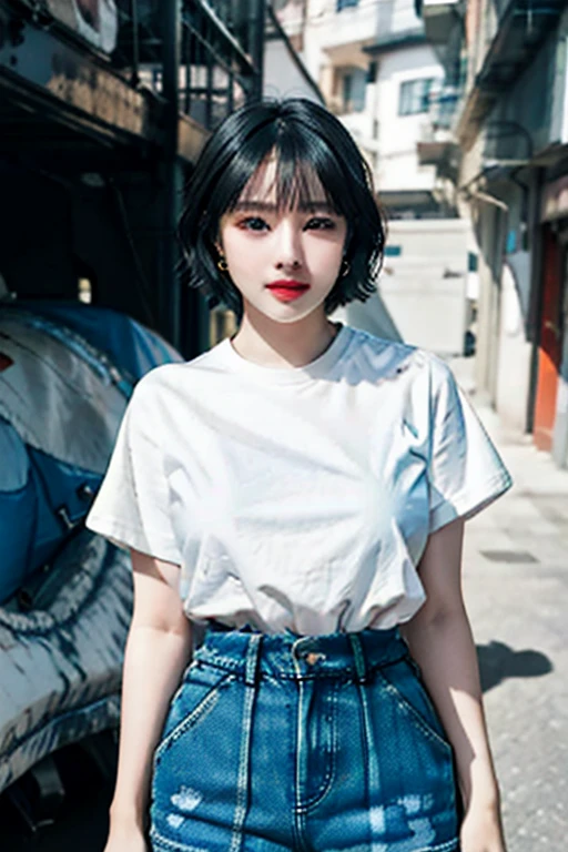 Top image quality、Raw photography、超A high resolution、Cute girl at 23 years old、Shooting for one person only、round breast、Tightly tshirts、short trousers of black color、Beautiful Eyes of Details、very elongated eyes、Beautiful eyelashes、Beautiful double eyelids、dark room、Beautiful waist、very slender legs、Shorthair with light brown hair、very slender physique, leather skirt