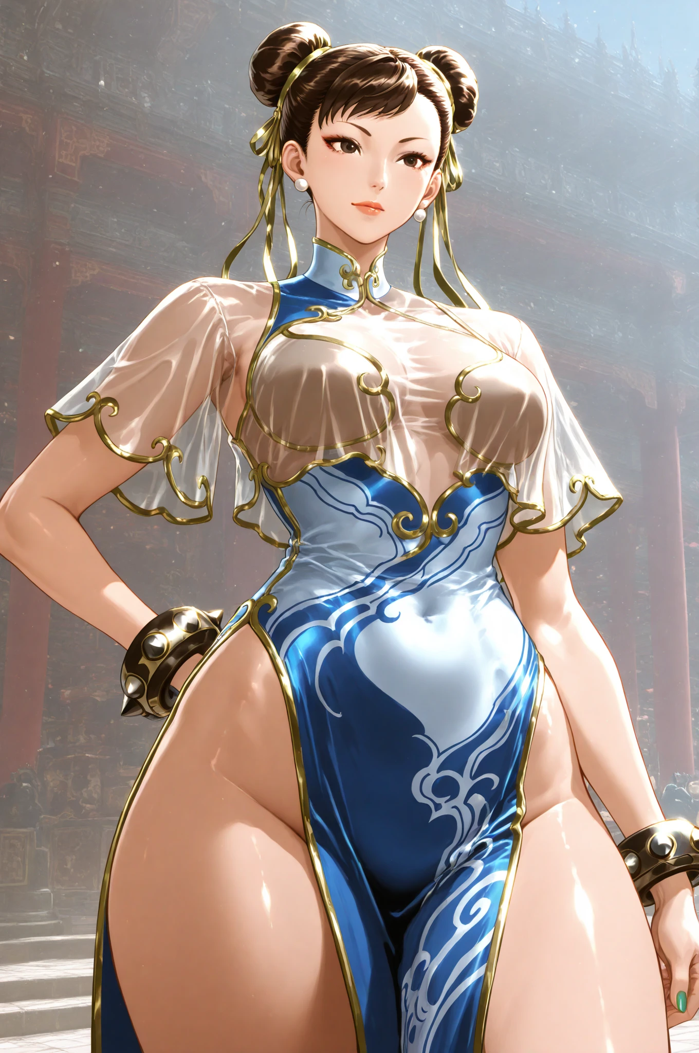 masterpiece,Highest quality, Unreal Engine, Super Resolution, Very detailed,
1 Girl, Waist, thin, (Muscular:0.8)
Round Breasts, Big Breasts, bold,  Lips parted, Observe the audience,
Are standing, sexy pose
Waist shot,
Simple background anime style, Key Visual,
Hair Bun, Blue Chinese clothing, Chunli, Street Fighter,Sticky with sweat,Clothes are also wet, 