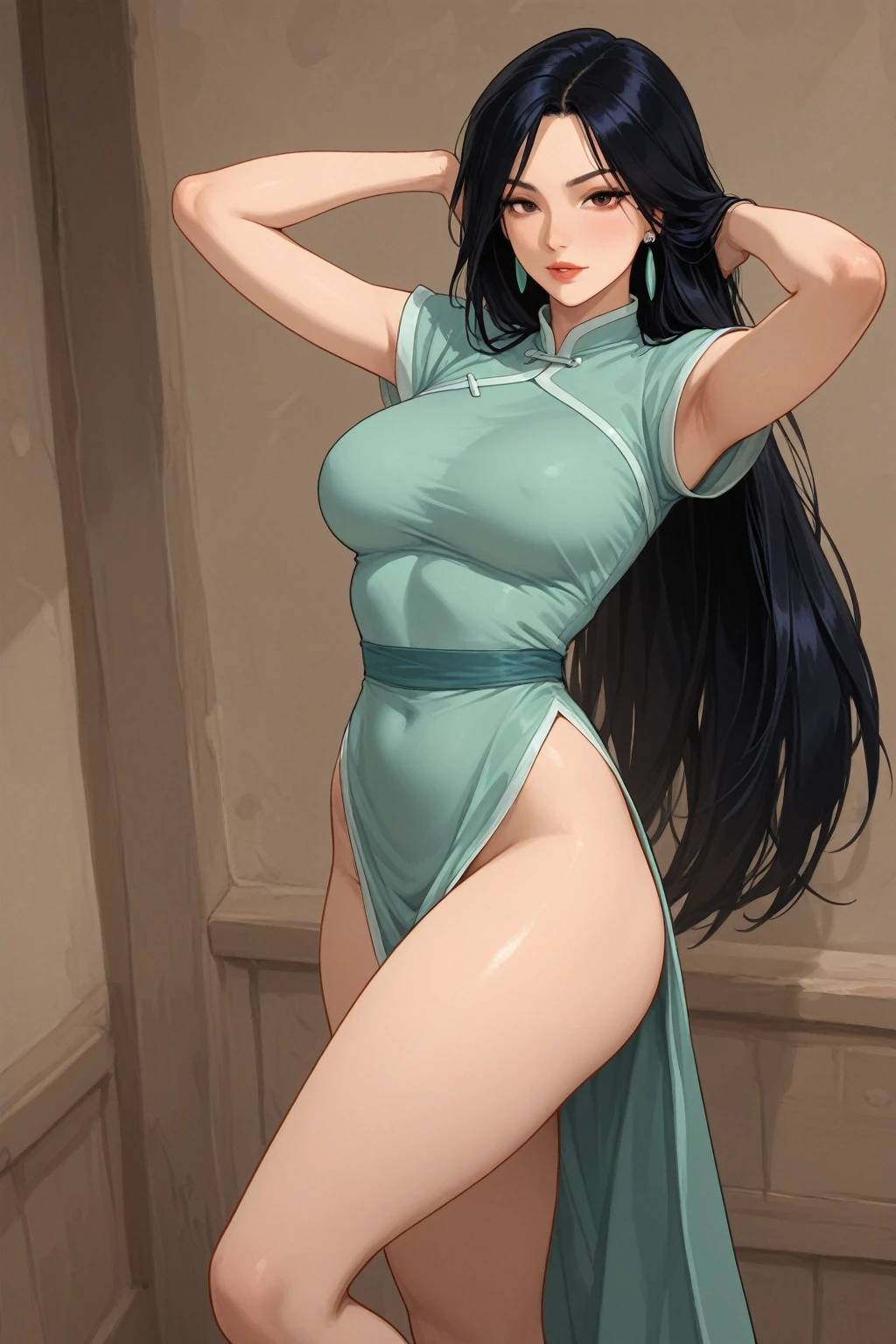 (best quality:1.3), (4k quality),(sharp image), Utahime, ((Detailed face)), ((masterpiece face)),((perfect detailed eyes)) (blush), Utahime, dark hair, long dark tied hair, brown eyes, pink lips, pink lips, sly face, face with stern features, ((detailed face)), perfect face, highly detailed eyes, masterpiece, absurdres , (intricate details), (colorful),cinematic lighting, extremely detailed CG unity 8k wallpaper , 1girl, solo, mature female, erected , fit body, cameltoe,((mint color transparent tight dress)), ((in yacht cabin)) , ((perfect small erected breast)), sitting on the bed with crossed legs, ((seductive smile))