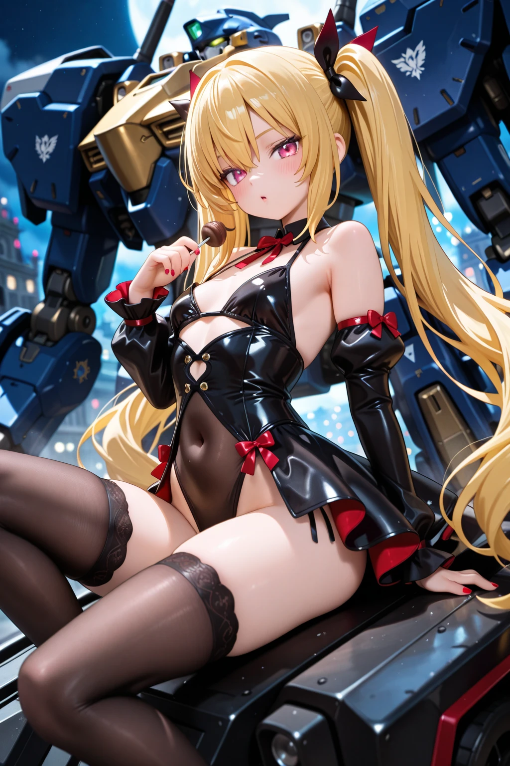 Ample breasts,pretty girl、Golden Hair、Blue Eyes、Black leotard、Red star pattern、Bright atmosphere、smile、High leg、Spreading her legs