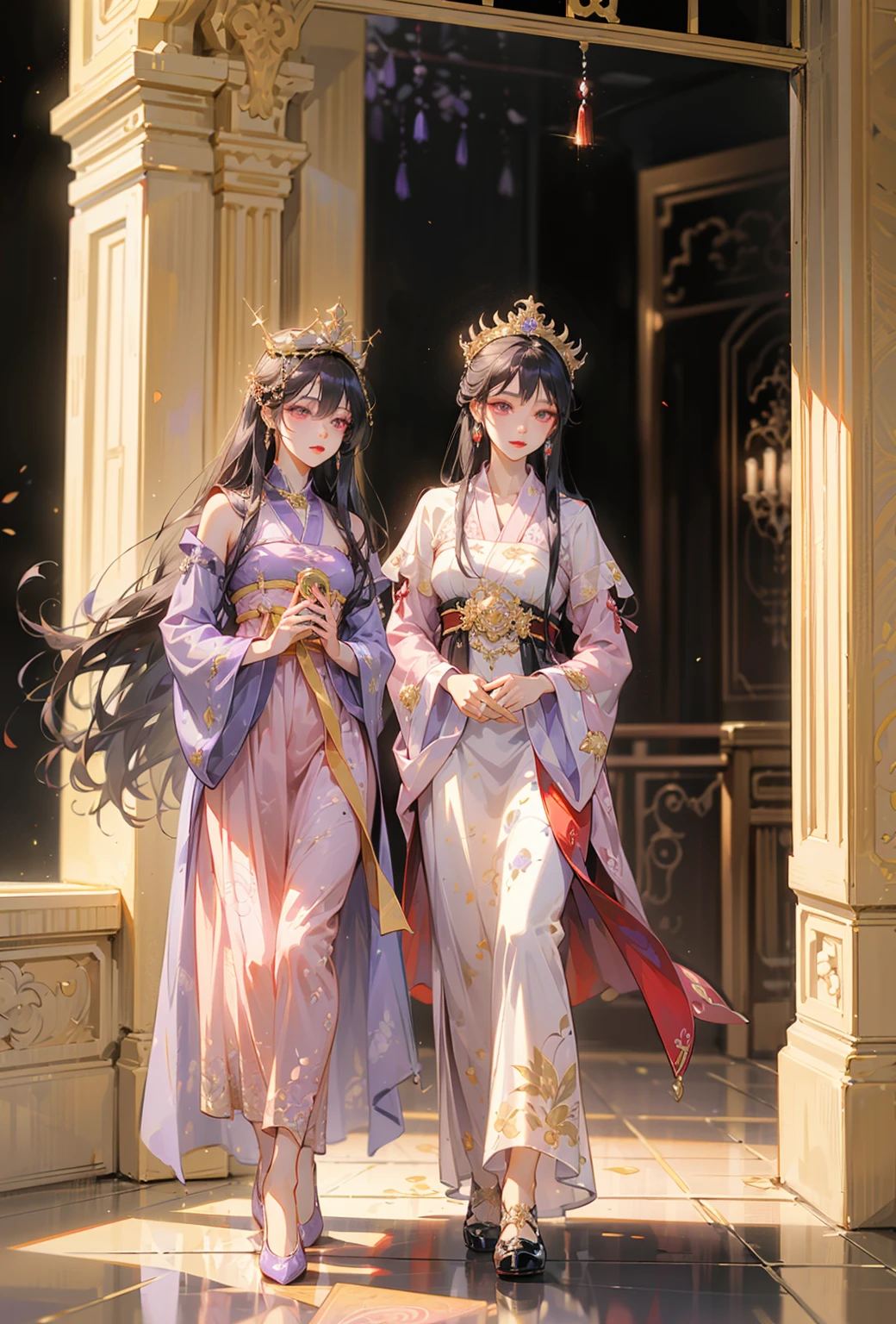 [ {Roleplay("Fantasy" + "Action" + "Drama")} ]

[ {Character("Evelyn"), Age("Appears to be in her early 20s"), Gender("Female"), Personality("Elegant" + "Mysterious" + "Resolute"), Appearance("Long, flowing" + "Jet-black hair" + "Eyes that shine with determination"), Outfit("Traditional cultivator robes" + "Ornate headpiece"), Body("Slender" + "Graceful") } ]

[ {Background("Ascending to heaven" + "Celestial realm with divine architecture") } ]

[ {Scene("Nighttime" + "A glowing portal behind the character" + "Leaves gently rustling in the wind" + "Epic, golden lighting with divine rays") } ]

[ {Specifics("Character bathed in ethereal light" + "Subtle wind effect on hair and clothing" + "Leaves softly rustling and floating" + "Detailed facial features with glowing eyes" + "Intricate patterns on the celestial robes") } ]