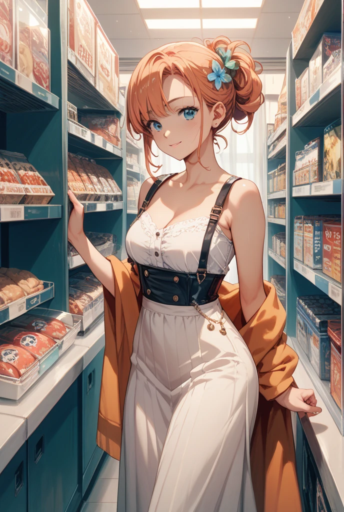 (masterpiece, Best Quality, ultra-detailed, high resolution, extremely detailed CG, official art, Professional Lighting, Perfect Anatomy), (from below), looking at viewer, cowboy shot, perfect body, 24yo beautiful 1girl, delicate beautiful face, Bright magenta eyes, cute eyes, sparkling eyes, (perky chest:1.1), (pointed chest:1.3),  medium hips, glamorous body,a small face,beautiful-makeup,Makeup light,Shortcut Hair,dark brown hair, Amazing Cleavage:1.2, thin waist,Raised sexy, small breast: 1.2 ,posed cleavage:1.2,  bare legs, nail_polish, Waiting friend, (at morning:1.5), tokyo, (convenience store:1.3), outdoor, (depth of field:1.3), contrapposto, (Hold a coffee in your hand:1.3), looking at viewer,(double breasted:1.0,under bust:1.0), gap between buttons,(((corset belt))),(((high waist skirt,))) seductive weak smiling,(with sparkling eyes and a contagious smile),open mouth, Looking at Viewer,