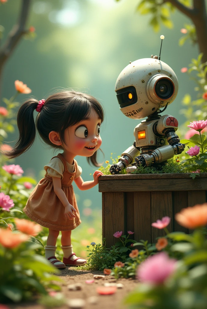  THE WALL-E ROBOT HOLDING HANDS WITH A GIRL LOOKING AHEAD, BEHIND THEM NATURE ENVIRONMENT 