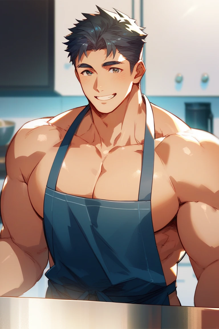 one male, young boy, blue eyes, black hair, black sleeveless shirt, blue pants, smiling, lean build,