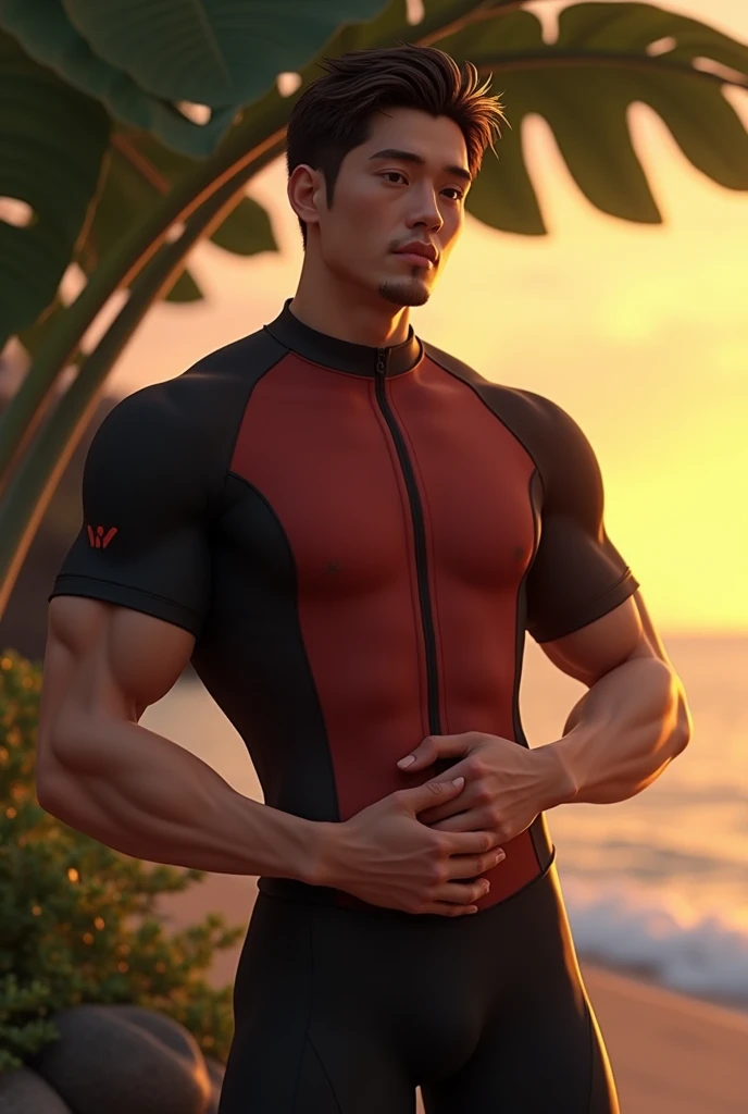 There is only one handsome Asian actor in the picture，30 years old，Tall and handsome, Toned body，short hair, O-Shaped Beard，Perfect body, Dark skin，Glowing skin，Smooth skin，The body is hairless，Muscle bulge, Muscular, Very large pectoral muscles，Very  abdominal muscles，Very well-developed leg muscles，Huge concave and convex area，Brightens oily skin，Wearing a gold leather shiny ，Handsome face， Correct and accurate male body proportions, Stand among the flowers。
