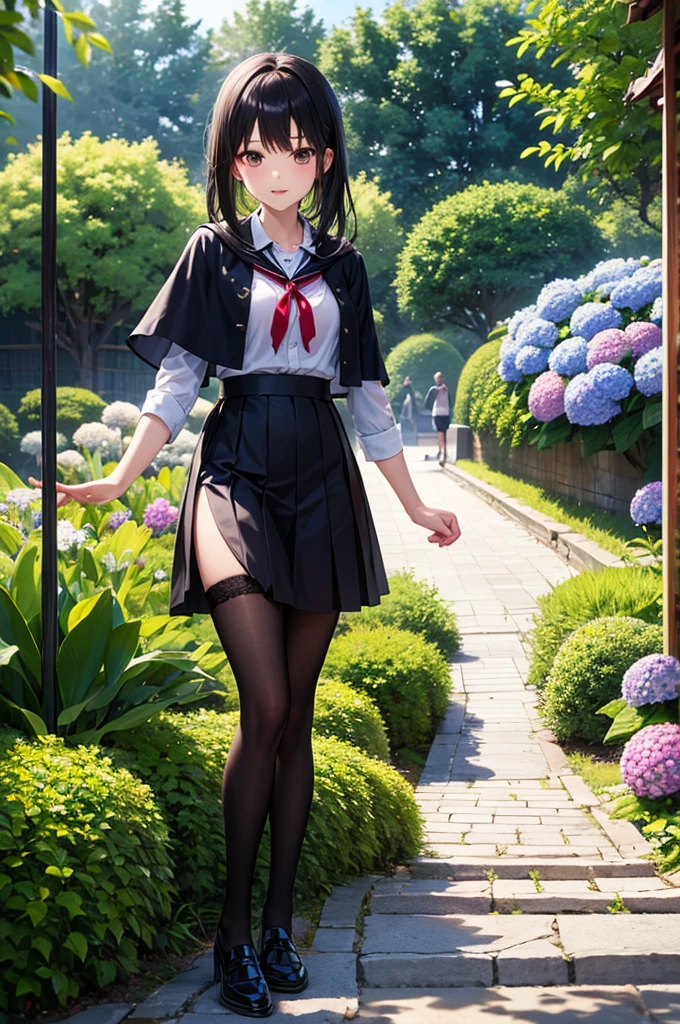 masterpiece,best quality,high resolution,Extremely detailed,Elena,have,Long hair,curls,Pink Eyes,earrings,cape,dress,Short sleeve,Gloves,belt,skirt,Black pantyhose,boots,Wind lift,blush,(Make it embarrassing:1.2),outdoor,garden,