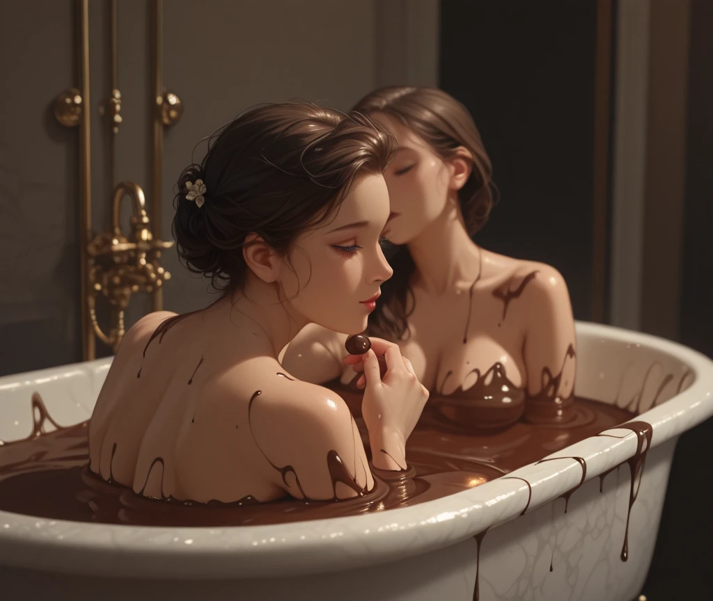 wide angle, long distance photo, couple of random college girls having fun in (chocolate bath), filled with chocolate, wearing ((chocolate dress)),  high details, (looking on camera), super model, long random colored hair,
detailed face, [clean blue eyes], [perfect teeth], clean face, clean hair, chocolate fabric in background,
dramatic, masterpiece, extreme detail, ultra details, 50mm