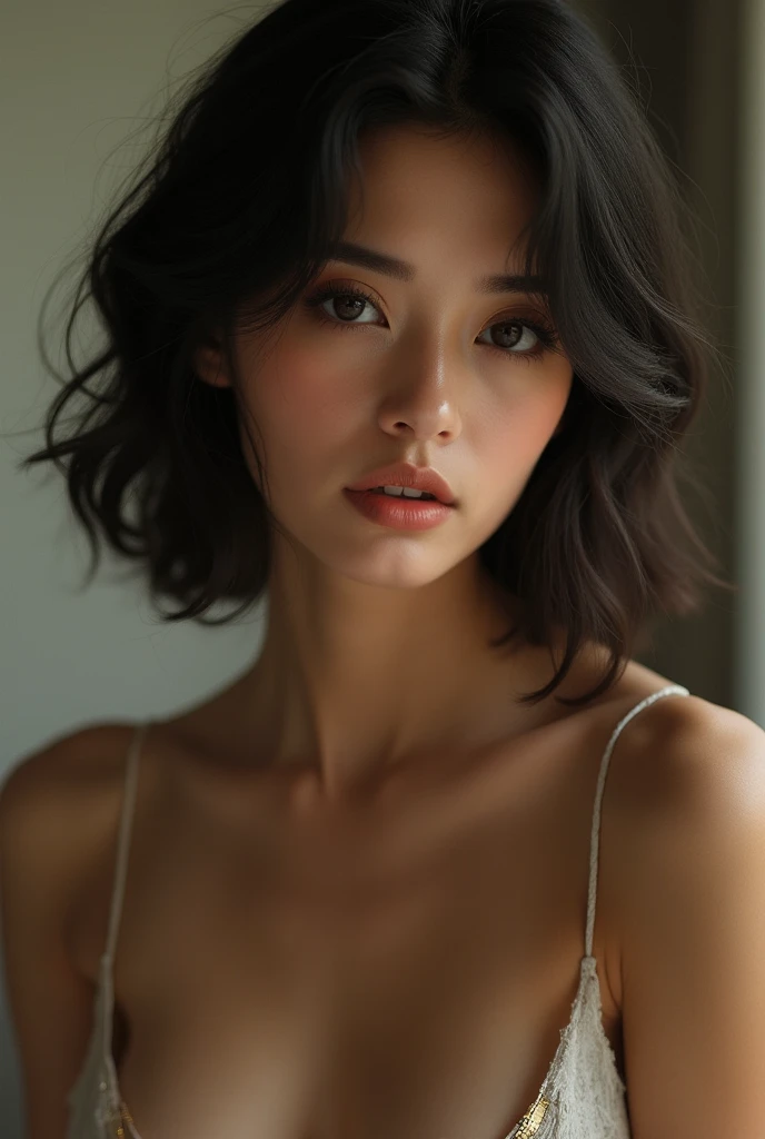 8K, RAW photos, Reality: 1.25), (Lip Gloss, eyelash, Shiny face, Smooth skin, best quality, Ultra-high resolution, Depth of Field, Chromatic Aberration, Caustics, Moisturizes lips, Face shape after modification, Dazzling eyes, Black Hair, Half Length, fashionable, Bodycon Knit Dress, purely