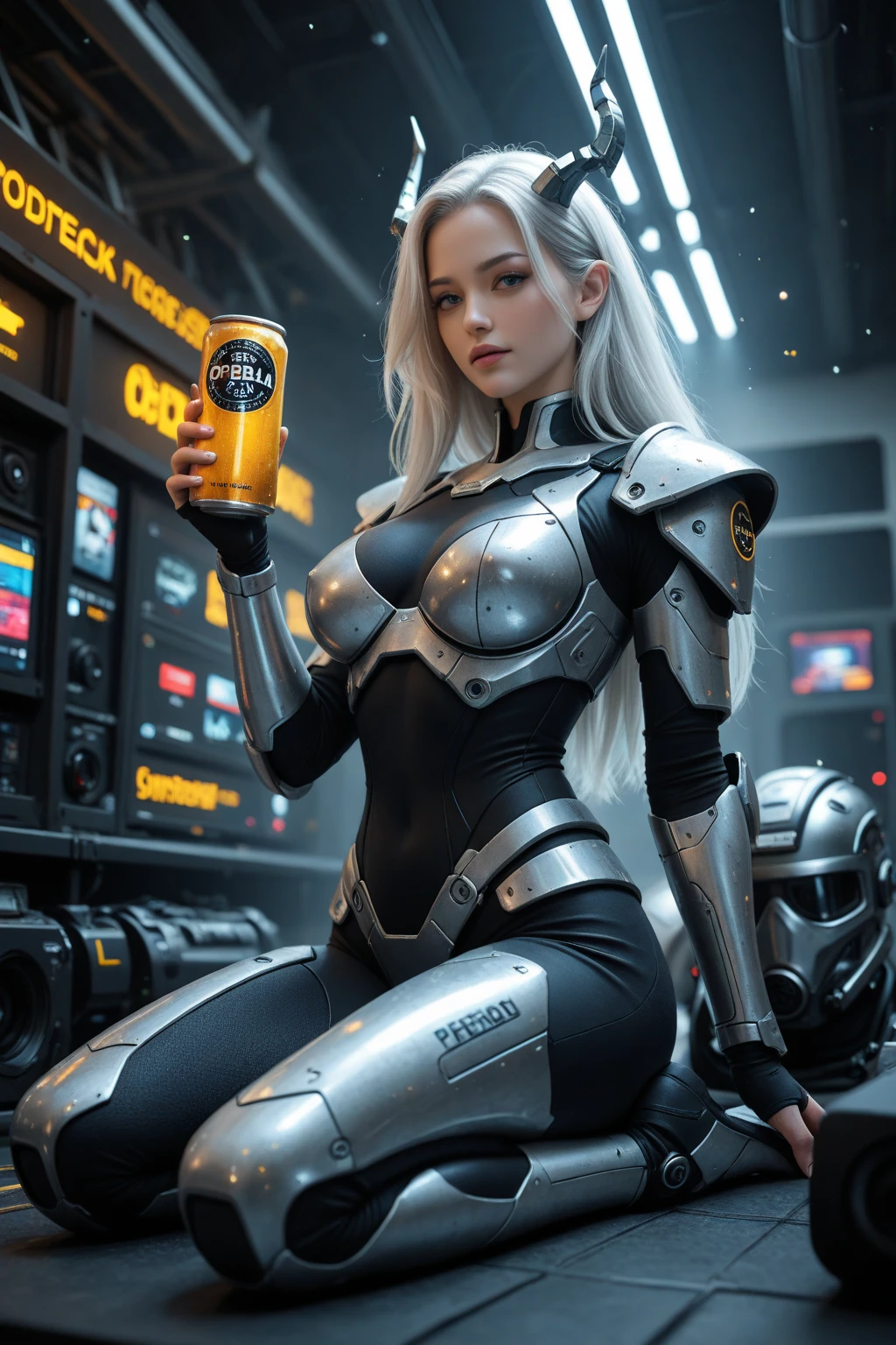 a beautiful 21 yo Oslo Norway woman with long blond hair wearing a Venusian military battle suit next to gold and chrome Venusian spacecraft drinking a futuristic beer, intricate detailing, HDR, vibrant contrast, 32k resolution, luminism lighting techniques, ultra-realistic digital render, bokeh, mass effect, close up black, beauty, pure perfection, divine presence, unforgettable, impressive, breathtaking beauty, Volumetric light, auras, rays, 8k uhd, dslr, soft lighting, high quality, natural textures 8k masterpiece canon eos r4s 50