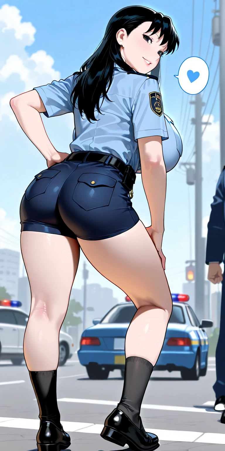 cute police officer, pinned against car, busty, bending over arching back, small waist, fellatio side view,  sucking mans dick, perky ass side view,