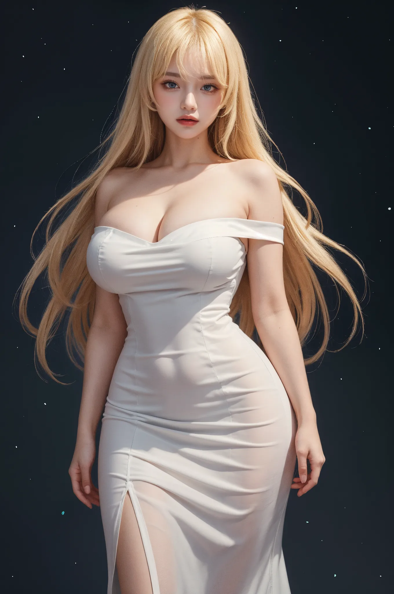 A half body shot of Ester Exposito, blonde long hair, hair bangs, blue eyes, plump lips, big breasts, curvy, (detailed red dress:1.2), forest background, night, (starry sky:1.3), moon light, (darkness:1.4), from below
