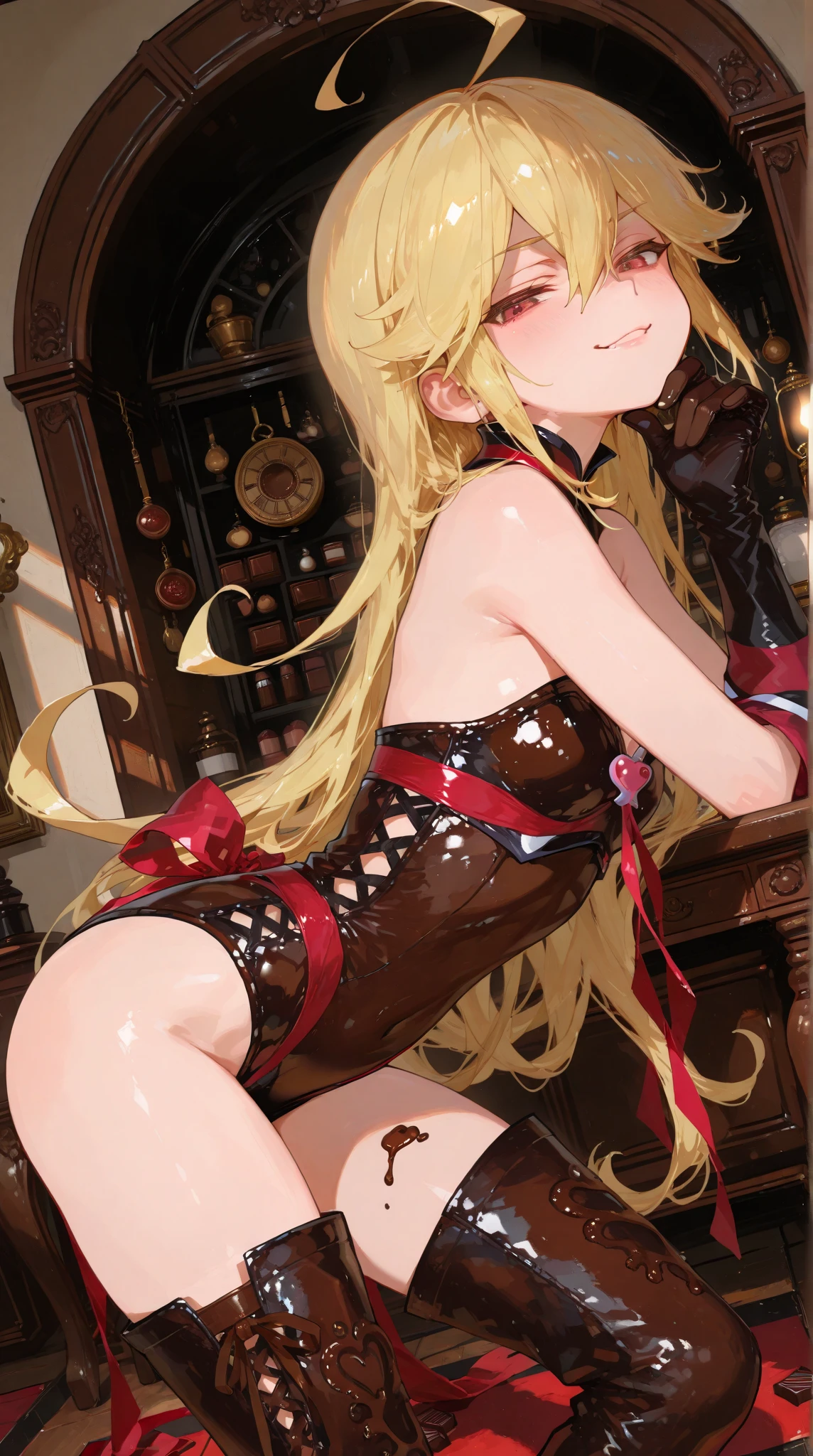 A blonde beauty wearing a red cheongsam and black stockings and high heels is lying on the bed sleeping with her eyes closed,Beautiful little sister,Du Qiong,offcial art,concept-art,Sots Art(Broken cheongsam outfit,Broken stockings),Very sexy pose,Rich hairstyles,Multiple hairstyles,Abundant body movements,Abundant hand movements,A variety of hair accessories,
