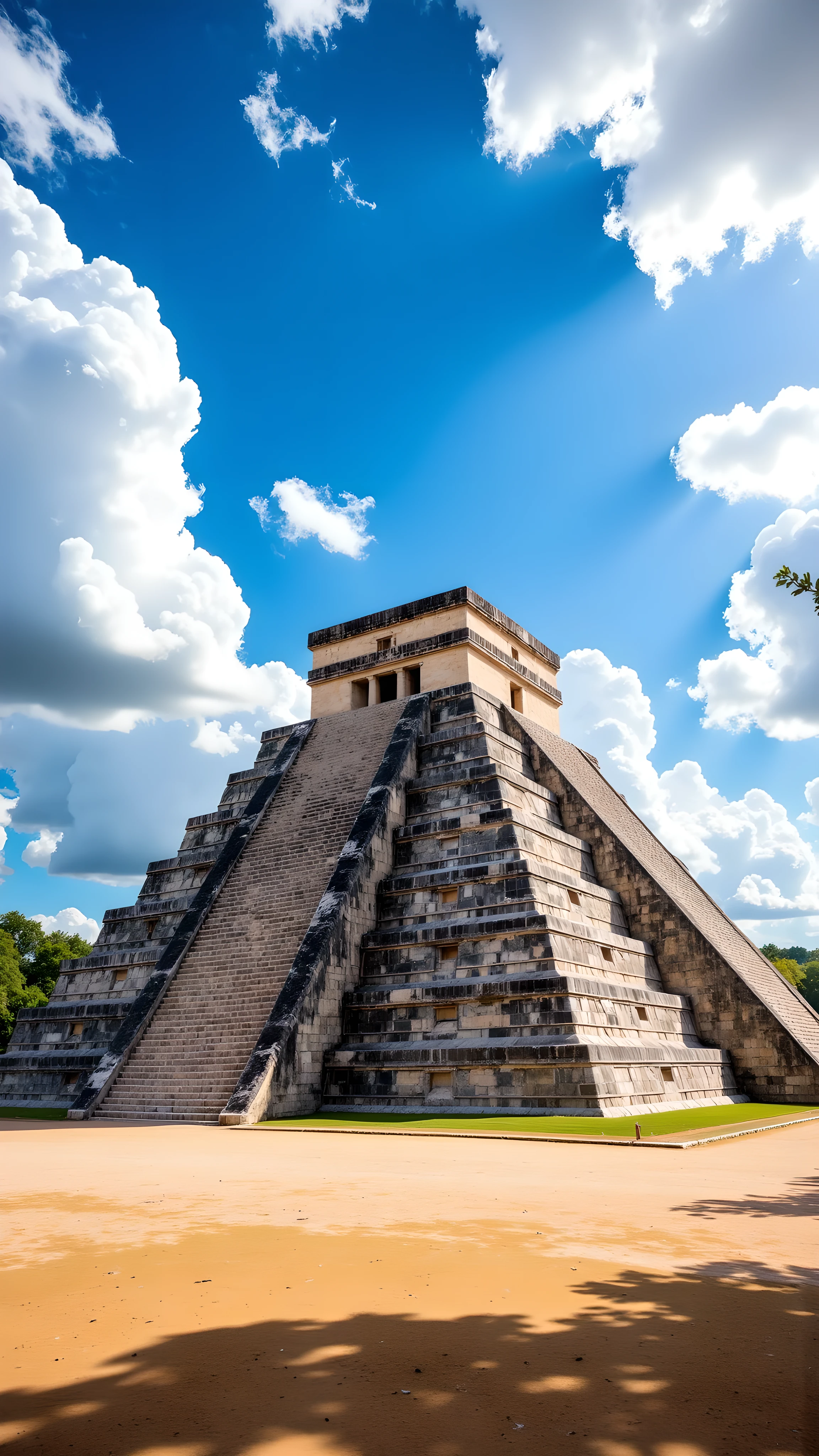 (Flux style), (Masterpiece), (Best quality), (High resolution), Chichen Itza pyramid in Mexico, dry season midday, strong sunlight casting sharp shadows, vivid blue sky with few clouds, ancient stone textures, clear ground, jungle in the distance, no people