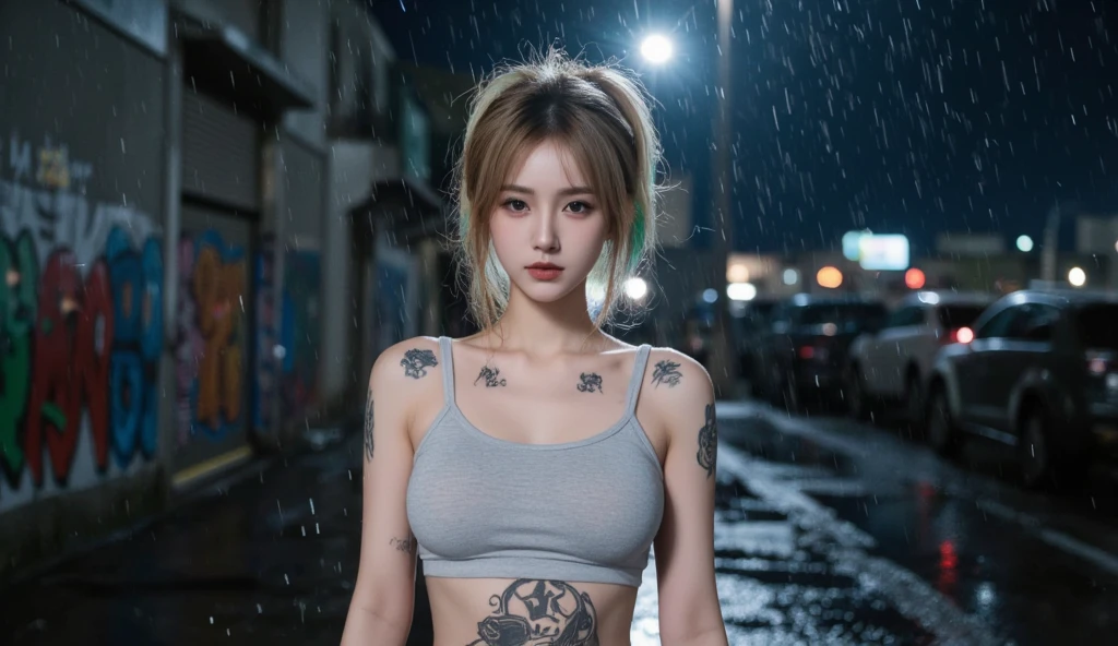 Beautiful, Japan Baby Face, Short Hair, 20 Yearsold, White Hoodie, Short Jeans, Sleeveless, Big Breast, Athletic Body Builder, Night Dark Street Background, Night Professional Lighting, Arm Behind Head Pose, Look at Viewer, Pgiebux Tattooed, Lotus Tattooed, Boot Shoes