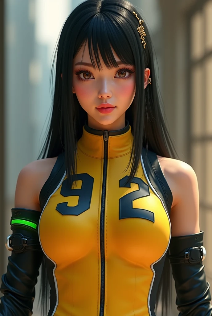 An arafi woman in a black and gold bodysuit posing for a photo, 3 d render character art 8 k, photorealistic anime girl render, Photorealistic perfect body, 3 d anime realistic, wearing tight suit, wojtek fus, posing ready for a fight, Tifa Lockhart, 8K portrait rendering, portrait of chun - li
