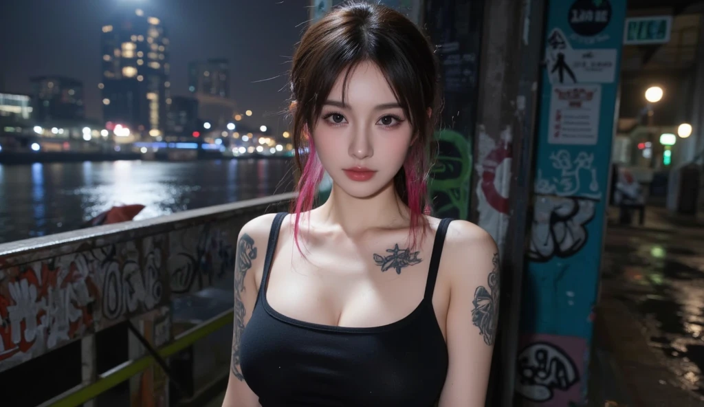 1 girls, Beautiful, Baby Face, 20 Years Old, White Skin, colossal Breasts, Sexy Pose, (Open your mouth a little, Sexy look), Wearing a sexy transparent white dress , ((Grey Eye)), Smile, Bokeh, Chinese Street Background, Masterpiece, ((Night)), Aesthetic Tattoo ((tattooed: 1.3)), full body, Facing forward, Visible to the heel, The vaginal slit is visible, Chest size ((D-cup))