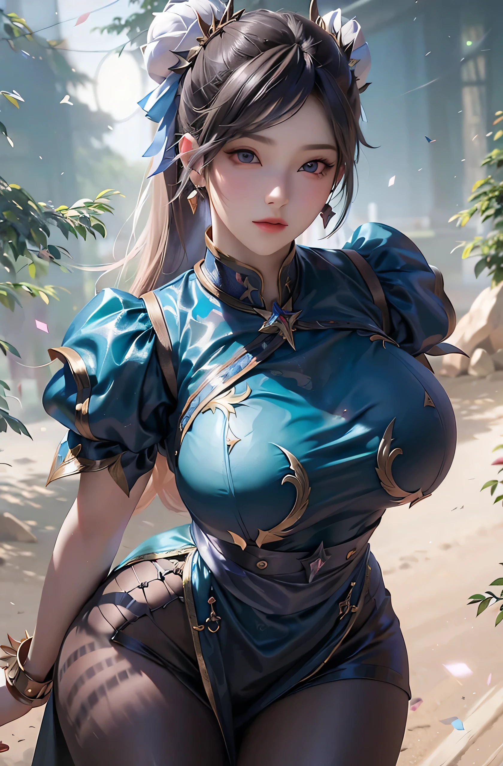 {{{masterpiece}}}, {{{best quality}}}, {{ultra-detailed}}, {cinematic lighting}, {illustration}, {beautifuly detailed eyes}, {1girl}, extremely detailed, 1girl, solo, flirtatious pose, A beautiful shinobi warrior, blue hair in a long ponytail, wearing gold and blue clothing, warrior, playful smile, purple eyes, huge breasts, cleavage, hourglass figure, facing viewer, outdoors, woodland background, highly detailed face and clothing, slightly narrow eyes, perfect face, fair skin, hair bangs, long hair, cowboy shot, noble beautiful, traditional Japanese clothing, shinobi woman, dynamic camera angle, from above and to the side