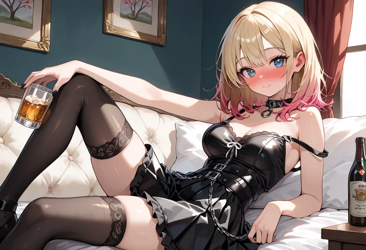 (Highest quality:1.1), (masterpiece:1.4), (Absurd:1.0), 
One Girl, navel, cleavage,midriff,collar, crop top, torn clothes、 spiked collar,  Medium chest、Looking at the audience、Bedroom、(blush:1.2)、Embarrassed expression、(((spats)))、(Showing pantieini skirt))、((Knee-high socks))、Blonde、Long gloves、((Underboob))