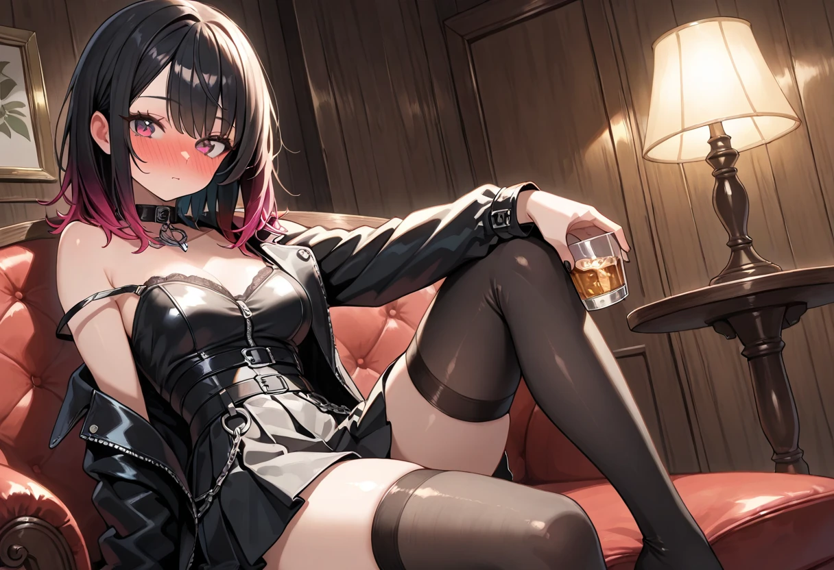 ((Highest quality)), ((masterpiece)), (detailed), a nice girl in lingerie sitting near a window with a glass of alcohol, 1girl, breasts, 独奏, expressionless, holding cigarette, panties, cigarette, underwear, red eyes, black panties, navel, jewelry, open clothes, looking at viewer, sitting, bangs, necklace, jacket, black jacket, short hair, black hair, streaked hair, ring, black footwear, parted bangs, open jacket, medium breasts, sweat, hotel room, evening