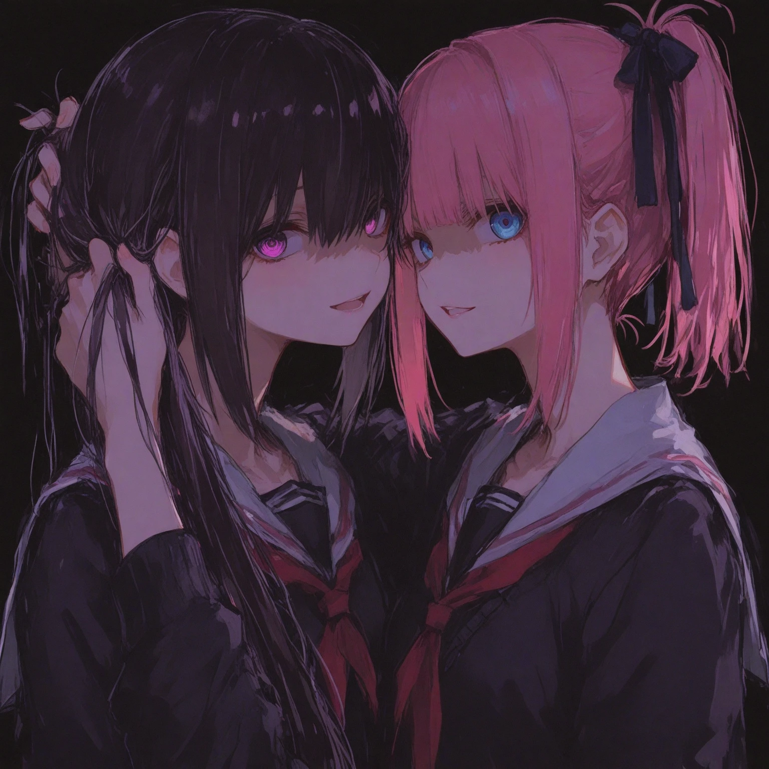 Old factory, dark background, no light, ((multiple girls)), (2girls), pink hair in a bun, ((swept bangs)), seifuku with the leading colors of black and red, black short-sleeved blouse with a red sailor collar, black knee-length pleated skirt, light blue tights, blood on face, blood on hands, blood on clothes, blood from mouth, closed eyes, die, (laying in the lap of the purple-haired girl), ((shoulder-length purple hair)), red ribbon is tied into a bow on the one side of the hair, ((crossed bangs)), bright purple eyes, seifuku with the leading colors of black and red, black short-sleeved blouse with a red sailor collar, black knee-length pleated skirt, sitting on knees, expressionless, cold, looking down at the pink-haired girl