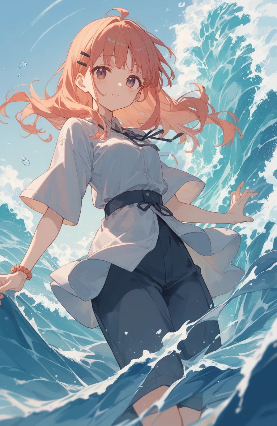 (best quality,4K,8K,highres,​masterpiece:1.2), Ultra-detail, random pose, from behind,takami chika, 比基尼,  slightly excited and smile, Shanks, Cowboy-shot, Hair decoration, Sea in the background,wet
