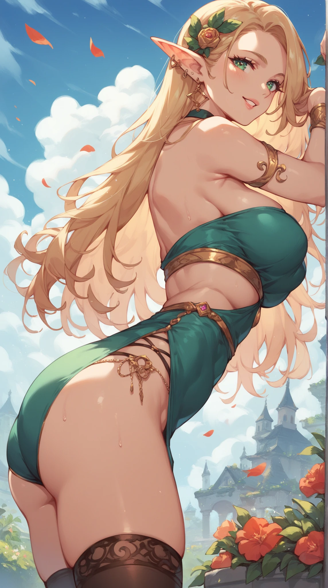 blonde girl in a sexy elegant black dress, medium chest, big butt with a landscape of a gala party