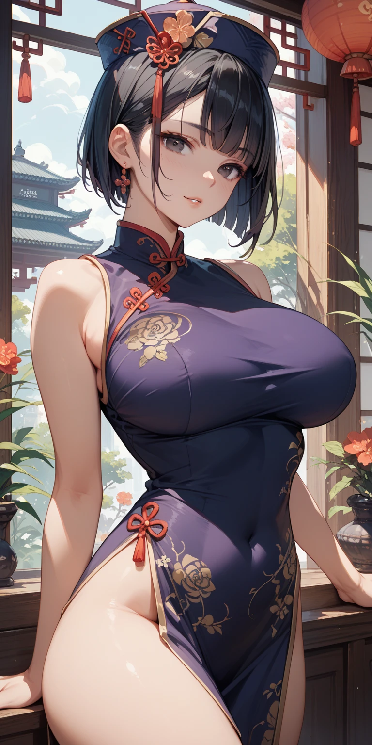 1girl, natural lighting, masterpiece, highly detailed, illustration, game CG, absurdres, high quality, glossy lips, aichan, large breasts, blue eyes, beautiful detailed eyes, short brown hair, side braid, (sleeveless short cheongsam), garden,