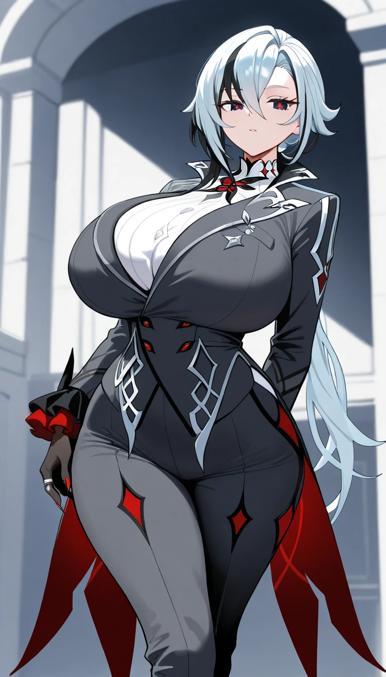 SFW, ((black skin Drow)) (beasthunter, cape), (gigantic breasts, huge breasts, Big breast), firm breasts , tall girl, slim waist, curvy figure, arms behind back, white hair, red_eyes, braids