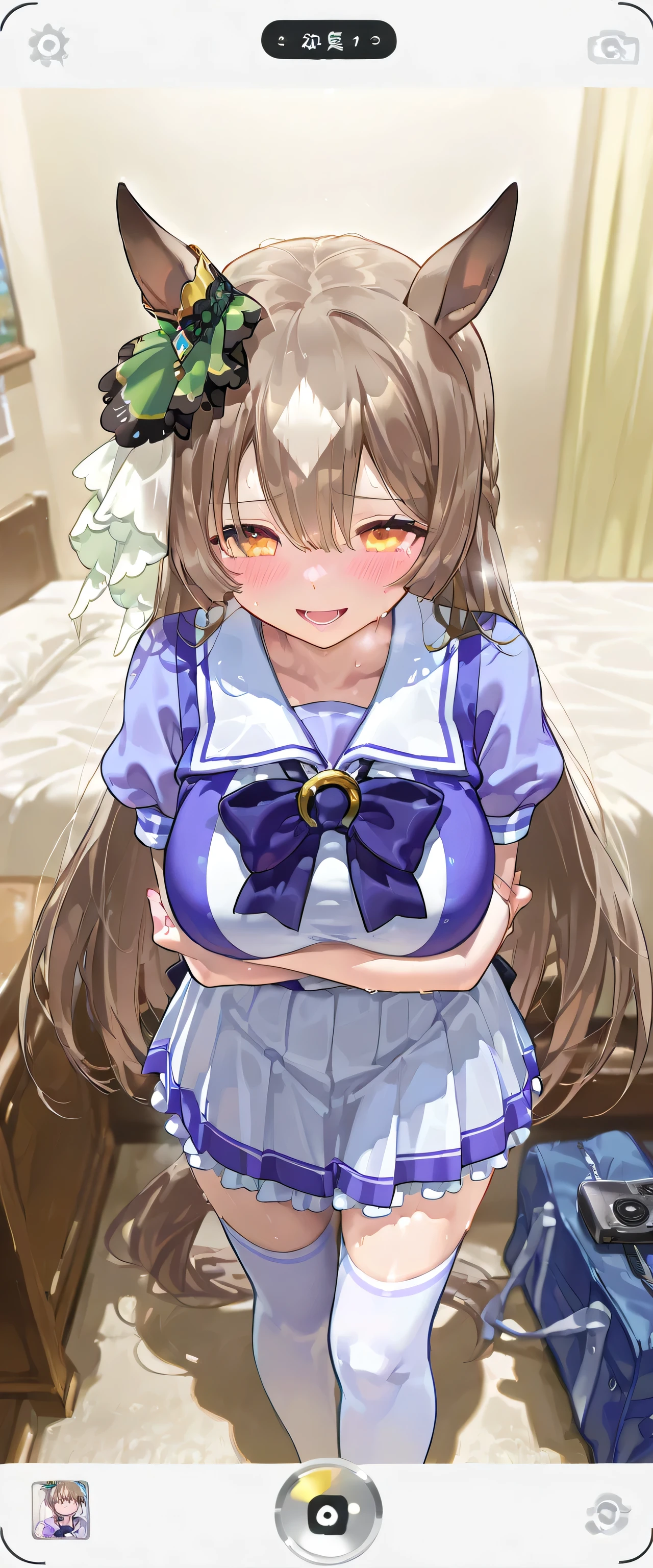 (masterpiece, finely detailed beautiful eyes: 1.2), ultra-detailed, ultra high res, professional lighting, high quality makeup, beautiful detailed eyes, Extremely cute, (extremely detailed beautiful face), (Authentic skin texture:1.4), very aesthetic, latest, scenery (delicate), Volumetric Lighting, depth of coverage, shiny skin, (dynamic angle for women, front view), (smart phone's camera frame), motel bed room, Satono Diamond \(Uma Musume\), horse ears, horse tail, (1 ultra super extremely cute junior high school student girl), (large breasts:1.1), drooping eyes, (blush:1.4), (sweat:1.2), (steam), (slender body, slender stomach:1.1), long hair, (erect nipples:0.8), (summertracen, tracen school uniform, purple shirt, purple bow, horseshoe ornament, puffy short sleeves, white skirt, white thighhighs), school bag, clothed, (from above), (shy), smile, open mouth, (arms under breasts)