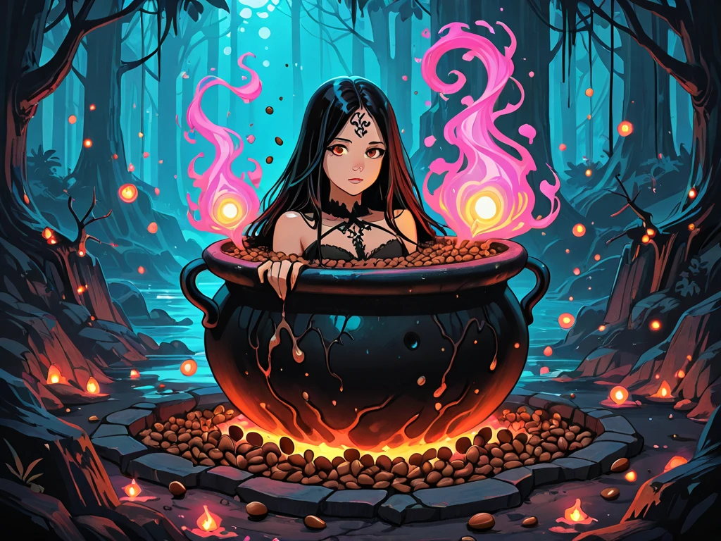 beautiful woman, brunette, wearing bikini, cauldron, mixing cauldron with stick, comic style image