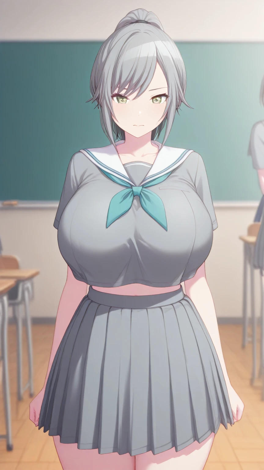 masterpiece、highest quality、Cute school girl、Light purple hair、Short Bob、(One eye is covered by hair)、Big Breasts、Nipple erection、White shirt、Short pleated skirt、Plump body、Thin knee socks、Wearing dark blue full back panties、Angle from below、Grinning face、blush、Sweaty、Wet costume、Panties are in full view