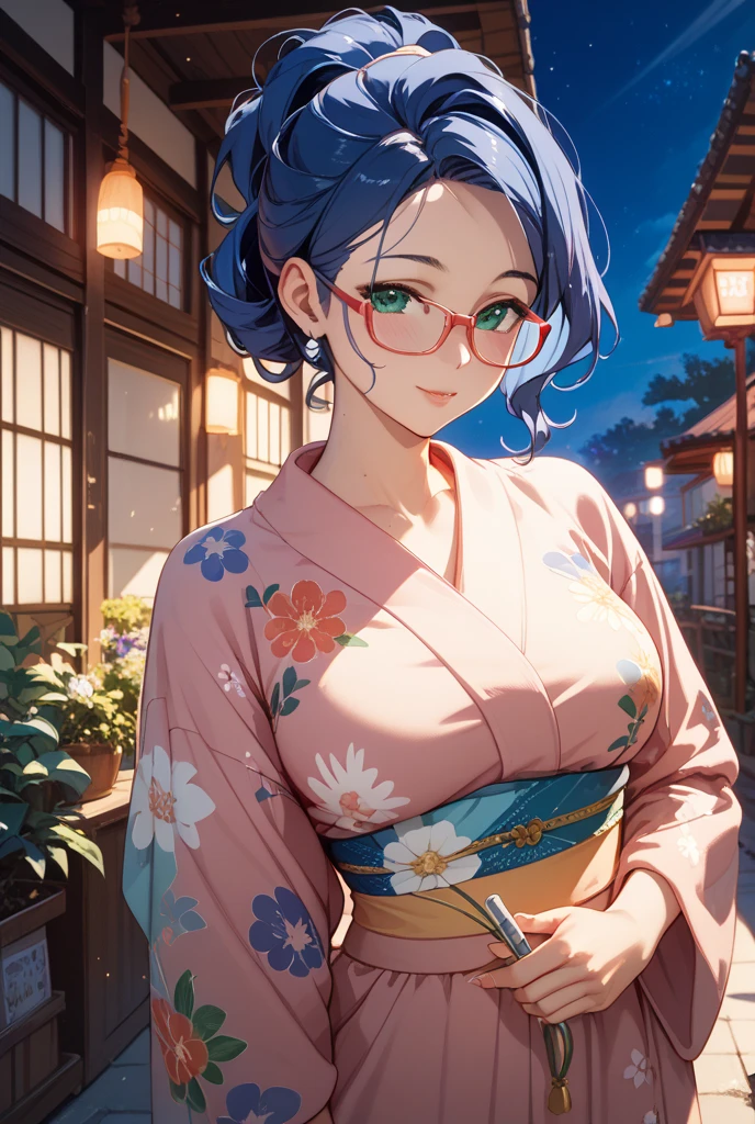 yuki izumi, glasses, green eyes, hair ornament, long hair, purple hair, yukata, summer festival, japanese clothes, <lora:Yuki_Izumi-04:0.8>