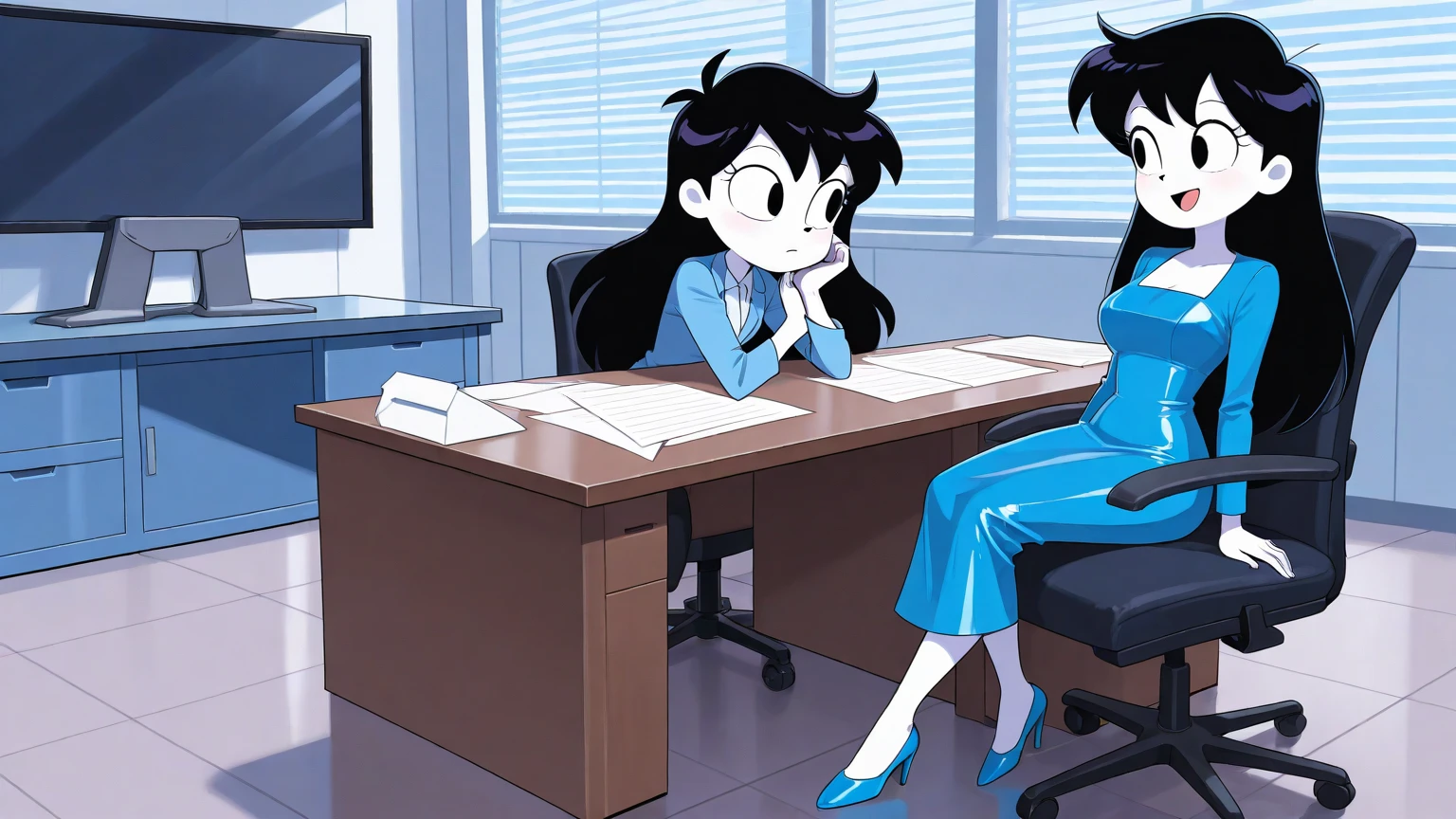 (2heads:1.4), 1girl, solo, long white hair, red eyes, pale skin, business suit, oval office, high heels, leggings, legs crossed, serious, hands folded, retro anime